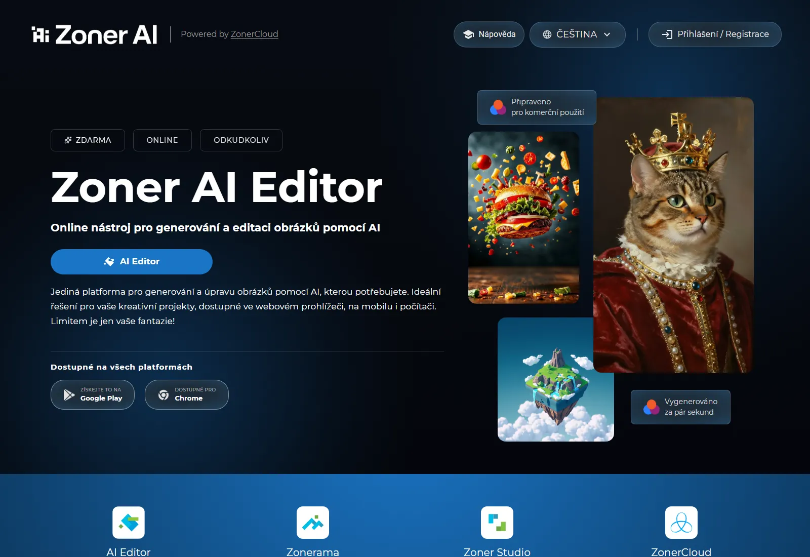 Úvodní stránka tmavého produktového webu Zoner AI s ukázkami AI obrázků